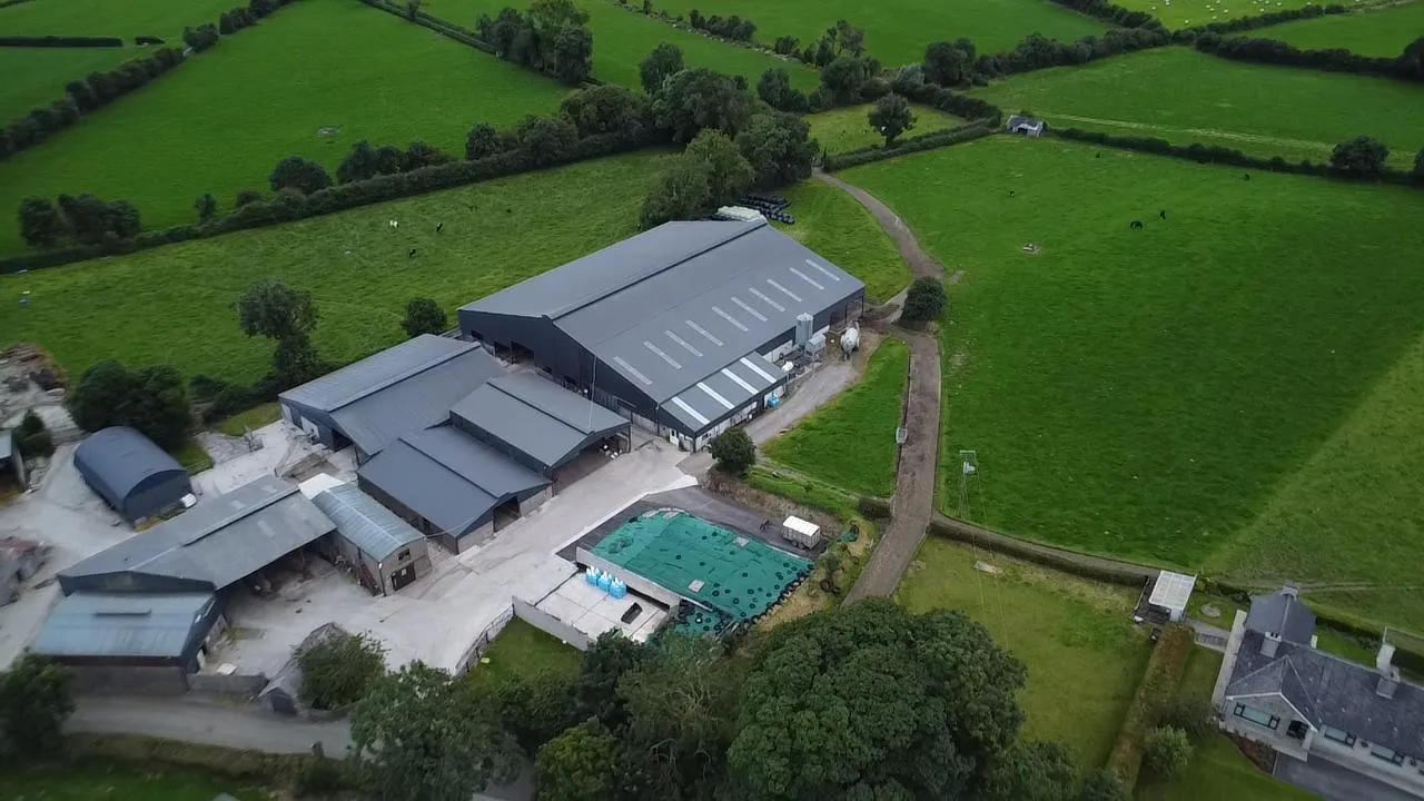Aerial overview of modern dairy housing sheds and silage pit area at Tully